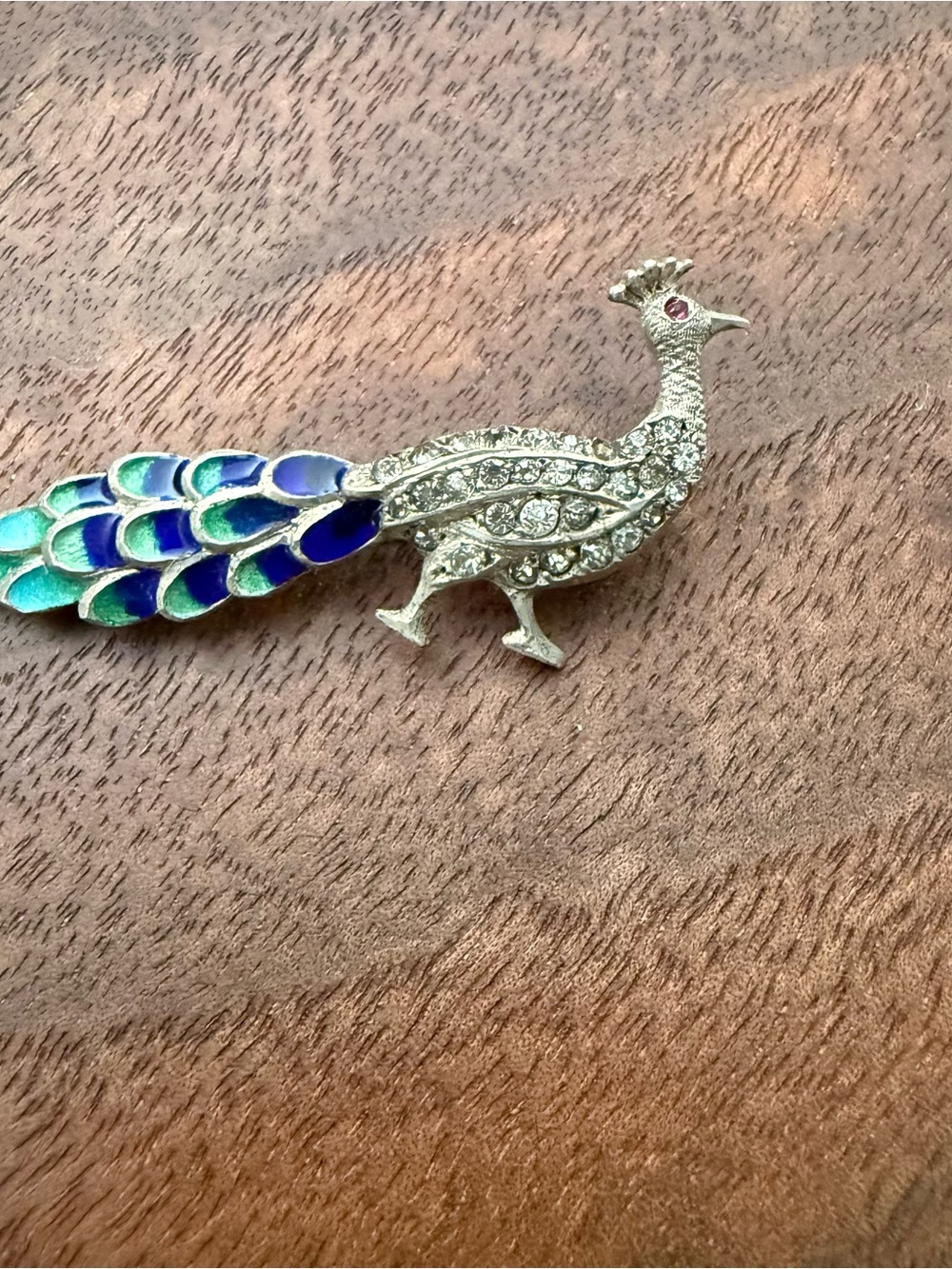 Peacock Rhinestone and Enamel Brooch - Blue & Green Tail